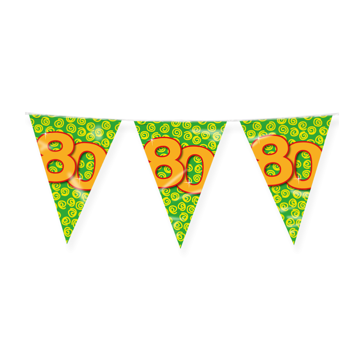 De Happy party flags 80 zijn de ideale versiering op de verjaardag van een 80-jarige. Door de vrolijke kleuren vallen deze party vlaggen dan ook extra goed op! De aan beide kanten bedrukte vlaggetjes zijn gemaakt van folie, hebben een lengte van 10 meter