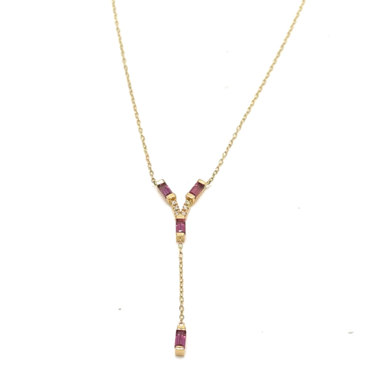 18k gouden diamanten collier met Rhodoliet. 0.36 caraat h/si