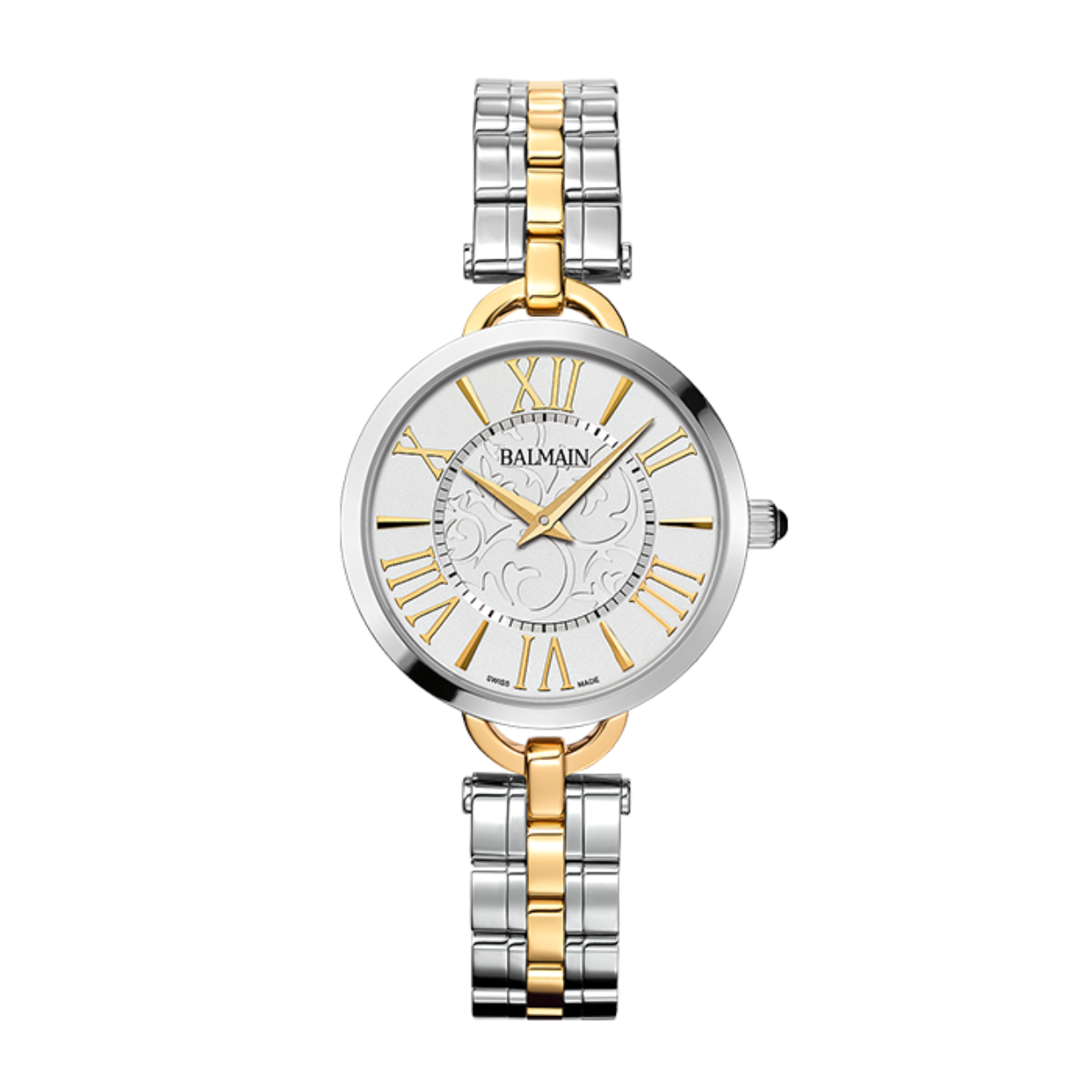 Balmain dameshorloge. De band is een zilveren/gouden (verguld) schakelband. Het horloge heeft een mooie witte wijzerplaat met mooie sierlijke patronen erop. Het Zwitserse Quartz uurwerk is van hoge kwaliteit, met 2 jaar garantie. Het horloge is 5 ATM, wat het waterdicht maakt, maar niet geschikt voor watersport of duiken. De kast is 32 mm breed en 5.3 mm dik. Verder is deze gemaakt van edelstaal.
