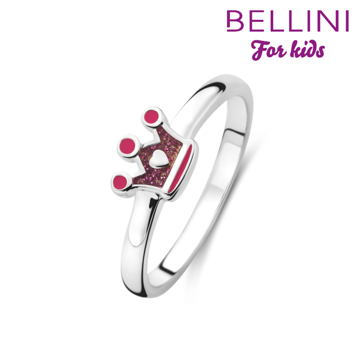 Bellini zilveren ring met kroontje roze.  De ring is in meerdere maten te leveren. Draag de ring met de bijpassende oorstekers en hanger. Alle Bellini kindersieraden worden geleverd in het bijbehorende roze buideltje en zijn een perfect cadeau voor een verjaardag, zwemdiploma, communie of andere feestelijke gelegenheid. Bellini for kids is een sieradenlijn welke speciaal voor de jonge meisjes is ontworpen. De gehele Bellini collectie is gemaakt van het eerste gehalte zilver (925) en voorzien van zirkonia's of vrolijk gekleurd emaille.