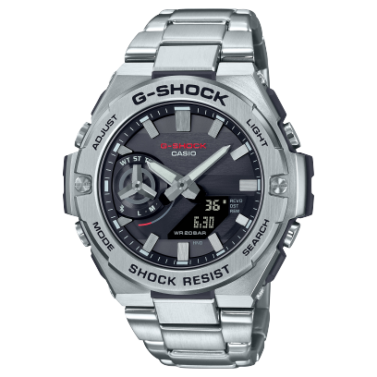 Dit is een Casio horloge uit de collectie G-SHOCK G-STEEL. 
Dit horloge heeft de volgende specificaties: 


Kasthoogte: 46.6 mm
Kastbreedte: 48.9 mm
Kastdikte: 12.8 mm

Band: 
Sluiting: Veiligheidssluiting
Bandmateriaal: Edelstalen armband

Overige specificaties: 
Gewicht: 143 gram
Glassoort: Mineraalglas
Waterdichtheid: Classificatie waterbestendigheid (20 bar)
5 alarmen per dag
Indicator batterijcapaciteit
Dubbele illuminator
Neo-display
Automatische kalender
12/24-uurs tijdweergave
Weergave van de dag in verschillende talen
Knopgeluiden aan/uit
Wijzer beweeg functie
Phone Finder
Schokbestendig
Bluetooth� Smart
Lichtenergie
Stopwatchfunctie - 1/100 sec. - 24 uur
Timer - 1/1 sec. - 1 uur
Wereldtijden
Batterij: CTL920
ACCURATIE: Smartphone Link