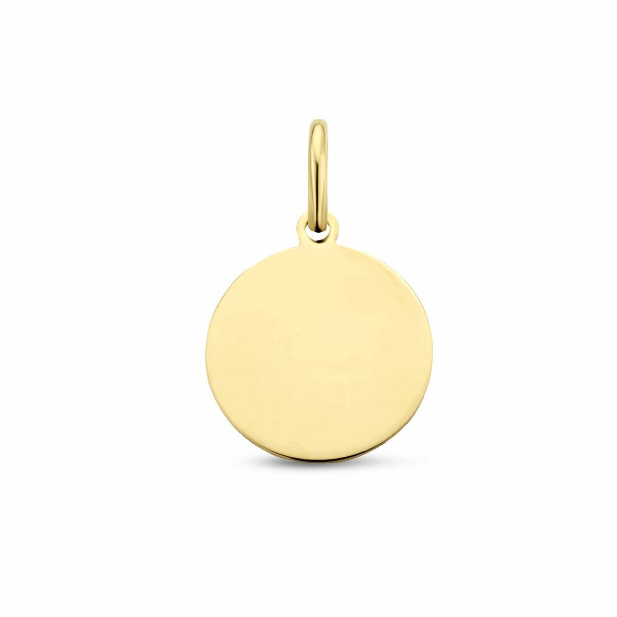 14k geelgoud ronde graveerhanger met een hoogte van 2.5cm en een diameter van 16mm. De dikte van de graveerplaat is 0.6mm.