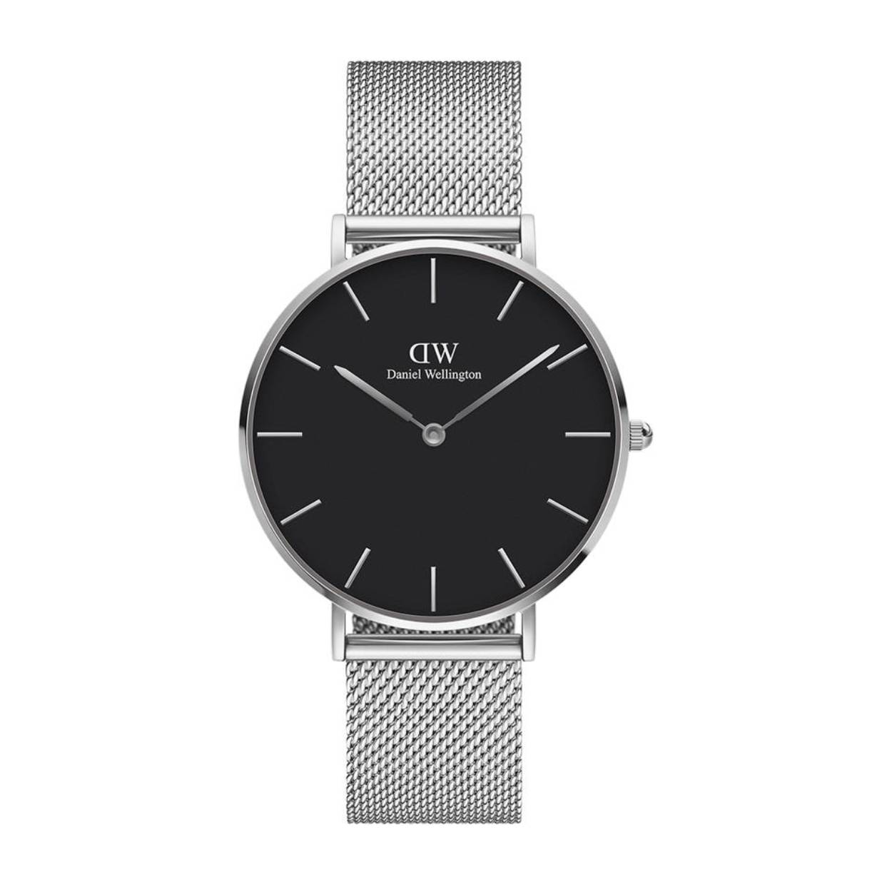 Trendy  zilverkleurig horloge van Daniel Wellington. met een zilverkleurige stalen meshband