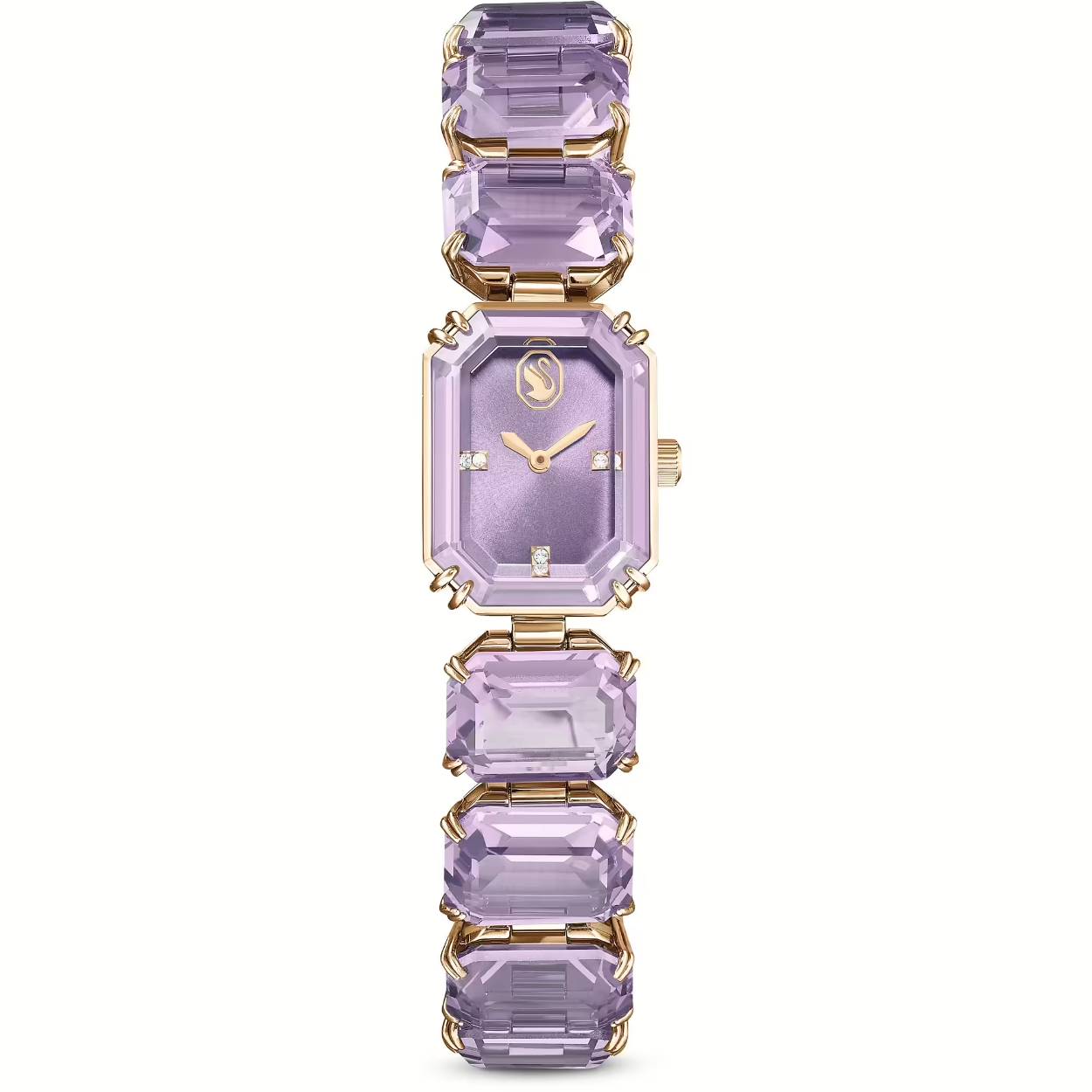 Dit snoepkleurige horloge is geïnspireerd op de Millenia-sieradenlijn en geeft uw pols een sensationele uitstraling. De armband is afgewerkt met champagnegoudkleurige afwerking en is vakkundig gemaakt met een rij kristallen in Octagon-slijpvorm in een paarse tint, die verbonden zijn met een kast in Octagon-vorm met een paarse wijzerplaat met zonnestralenpatroon. Drie heldere kristallen worden gebruikt voor de uurmarkeringen, samen met een extra kristal in de kroon, terwijl het zwaanlogo elegant op 6 uur staat. Dit Swiss Made horloge is waterbestendig tot 50 m en biedt een speelse keuze om los te dragen of te combineren.

Grootte horlogekast: 42.6 mm x 37 mm Horlogebandje lengte: 16.5 cm