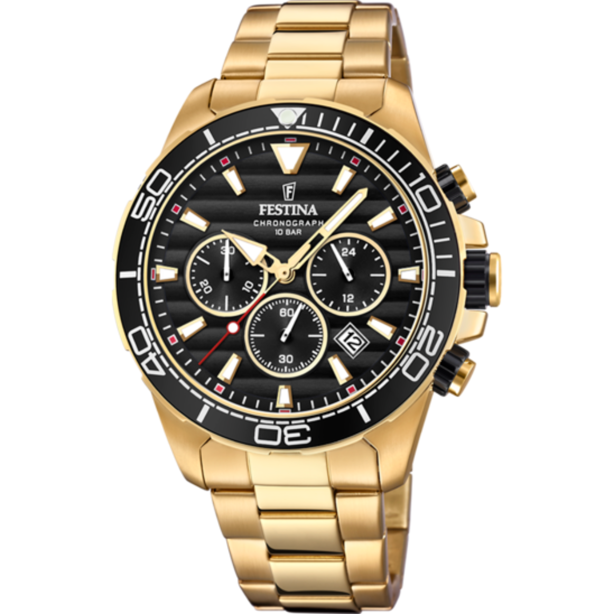 Festina heren horloge F20364/3 
Goudkleurige kast met zwarte wijzerplaat
Goudkleurige schakelband
10 ATM waterdicht