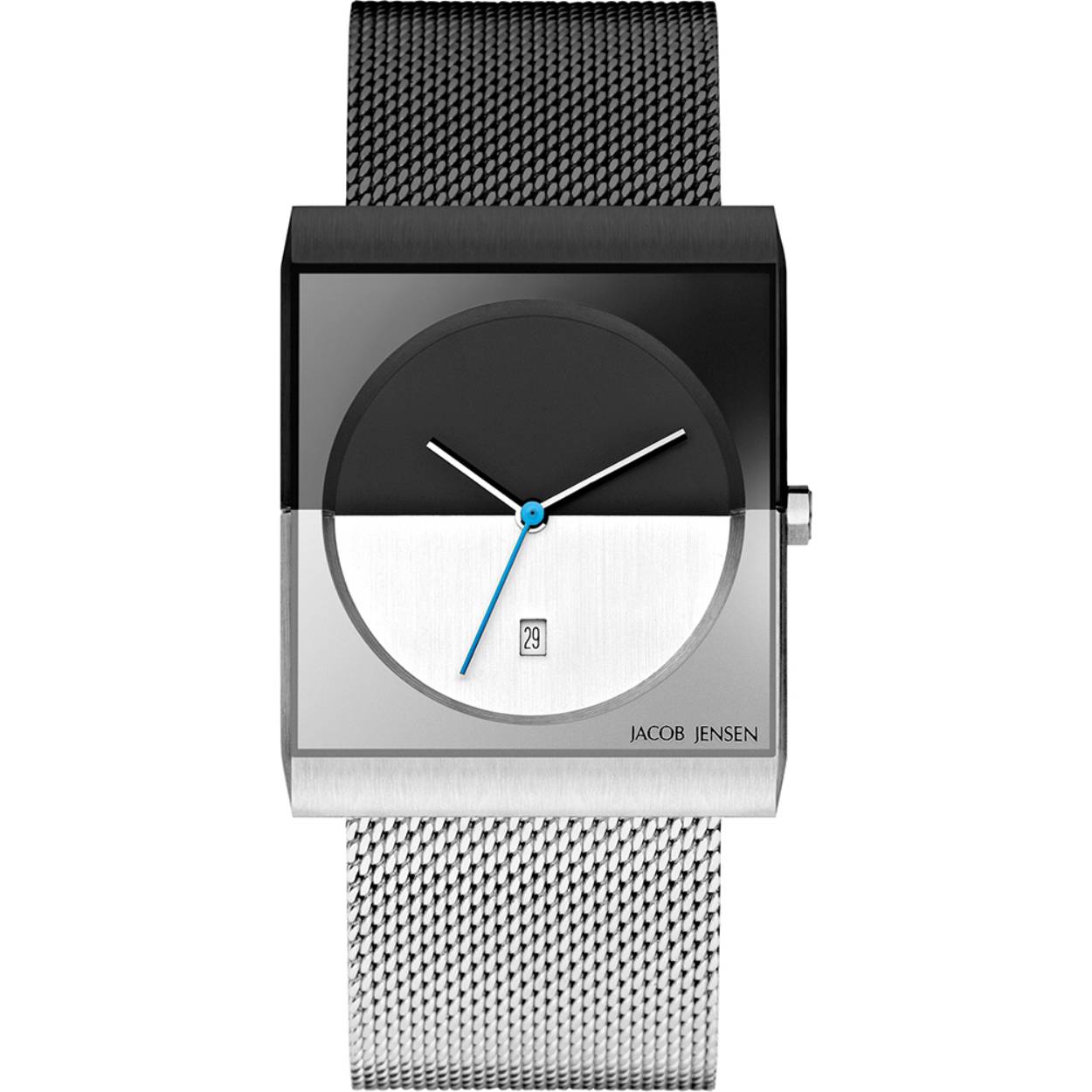 De horloges uit de Classic collectie van Jacob Jensen hebben de iconische tweekleurige wijzerplaat, die zo typisch is voor het design van Jacob Jensen. Extra designelementen van de uniseks Classic 515 zijn de zeshoekige kroon en de wijzers die bestaan uit twee lagen: een matte onderlaag en een zwarte bovenlaag. Design met een functie, want de kroon is zo beter te bedienen en de wijzers makkelijker af te lezen.

De Classic 515 heeft een zwarte stalen en een mat stalen helft, die bij elkaar komen in het midden van de wijzerplaat. De horlogeband is gemaakt van dun geweven staal (milanaise of mesh genoemd), ook hier van half zwart en half mat staal. De bandhelften worden gesloten door een clipsluiting die zelf te verstellen is.

Het 32 millimeter brede uniseks horloge heeft krasvast saffierglas en een betrouwbaar Zwitsers Ronda quartz uurwerk met datumaanduiding.