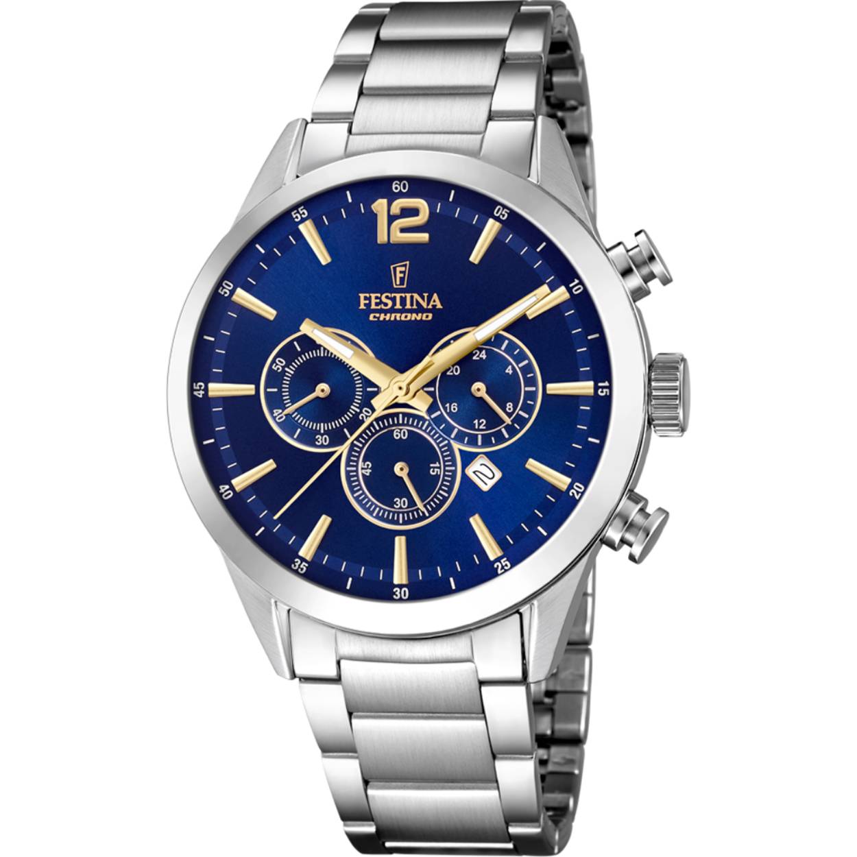 Herenuurwerk van Festina uit de 'Timeless chronograph' collectie
Zilverkleurige metalen band en kast
Blauwe wijzerplaat 'multifunctie' met goudkleurige uuraanduiding en datum
Chronograaf
Waterdichtheid: 5 ATM