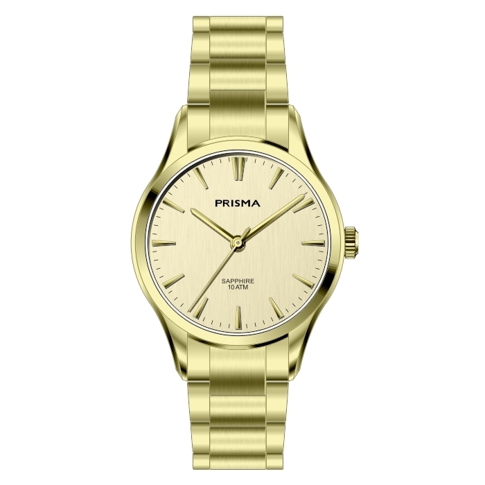 Prisma horloge 2010 dames edelstaal saffierglas 10 ATM 

Algemeen
Geslacht: dames
Model: P.2010

Voordelen
- band edelstaal goudkleurig
- wijzerplaat goudkleurig met zilvere streepjes
- boven gem. waterdicht: zwemmen/duiken
- glas is zeer krasvast
- quartz
- maat kast 27,06mm (breedte) 7,6mm (dikte)