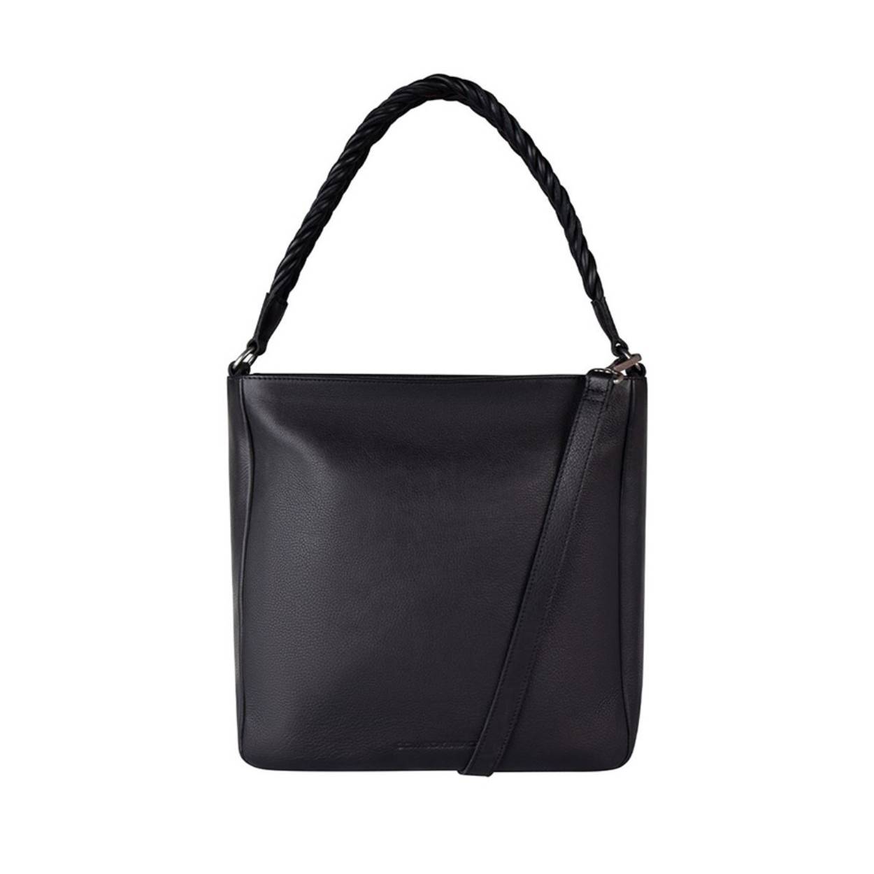 Cowboysbag leren tas zwart met vlecht schouderband en extra langere leren band
W 30 x H 32 x D 10 cm