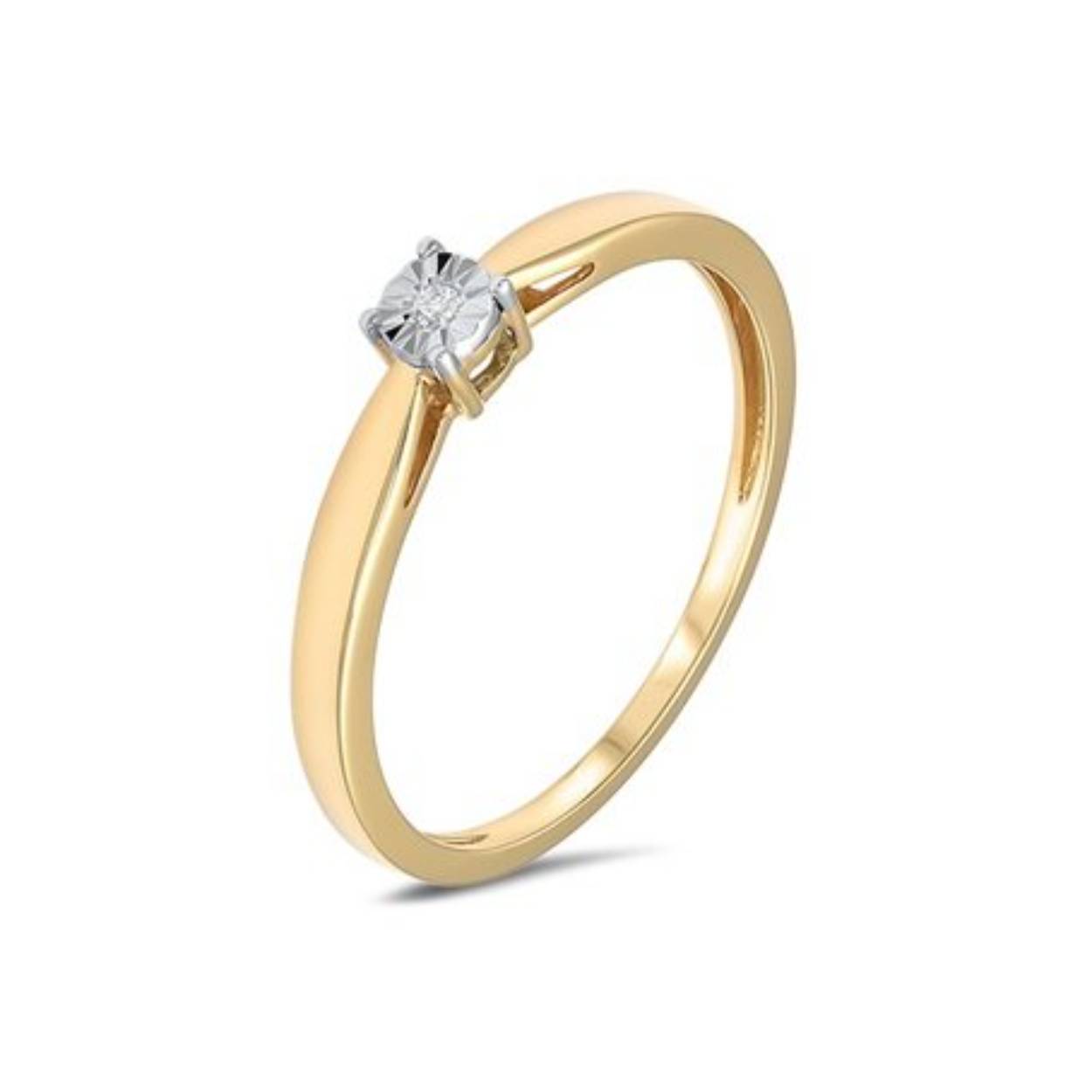 14 Karaat gouden solitair damesring met een diamantje- in briljant geslepen van 0.01 crt. in ' illussie ' gezet -H-SI