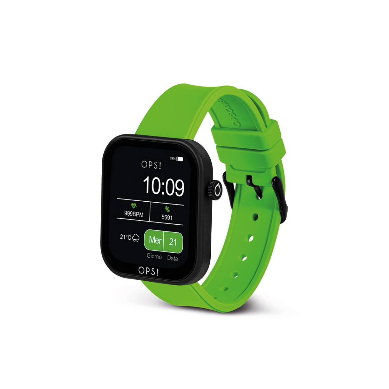 Smartwatch with ABS case and hypoallergenic silicone strap. Case dimensions 40x44x10.7 mm with 1.83″ color full touch display. Inner circumference of the strap: 180mm to 140mm. Steel pin clasp.