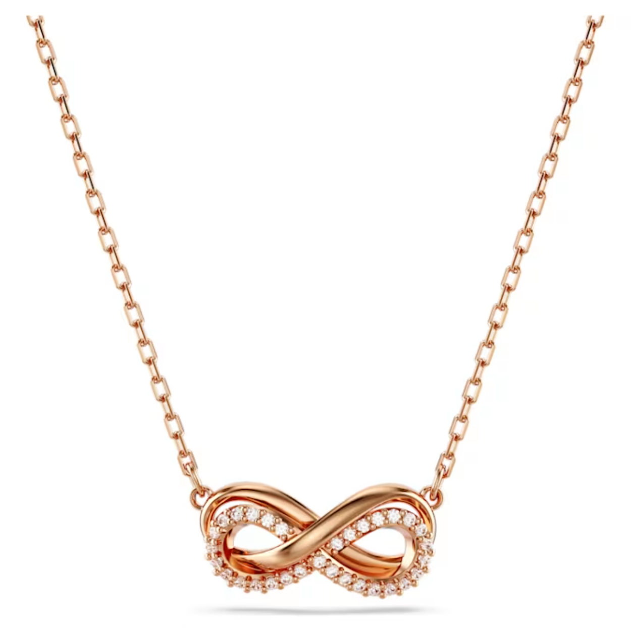 Deze oogverblindende Hyperbola-hanger valt op dankzij het oneindigheidssymbool, dat staat voor eeuwige schoonheid. Het sieraad met roségoudkleurige toplaag wordt gedragen aan een delicate ketting. Het elegante motief is verfraaid met een pavé van heldere kristallen. In het verlengstuk prijkt een Swarovski Zirkonia voor een extra luxe uitstraling. Een perfect cadeau voor een geliefde of een manier om uw eigen alledaagse stijl te verfraaien.

Artikelnr.: 5684084
Collectie:  Hyperbola
Lengte (minimum - maximum): 38 - 45 cm
Formaat motief: 0.8 x 1.7 cm
Materiaal:  Kristallen, Roségoudkleurige toplaag, 
Kleur:  Wit
Type sluiting:  Karabijn