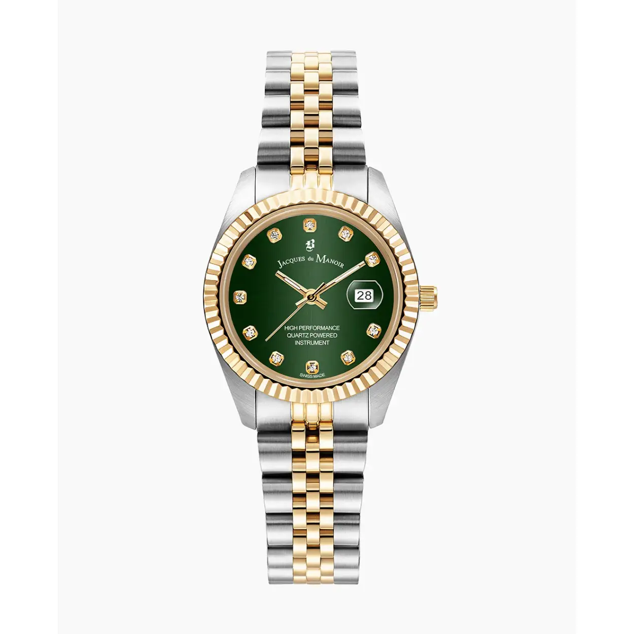 Goud met zilverkleurig horloge met groene wijzerplaat. 