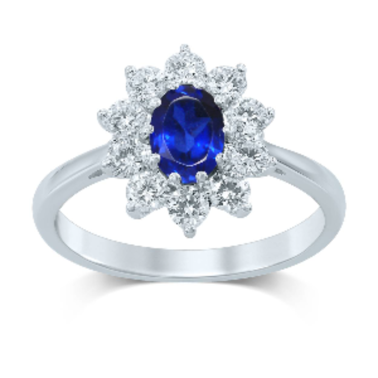 Ring wit goud 18kt bezet met diamanten en blauwe saffier.
Ook verkrijgbaar in geel goud.