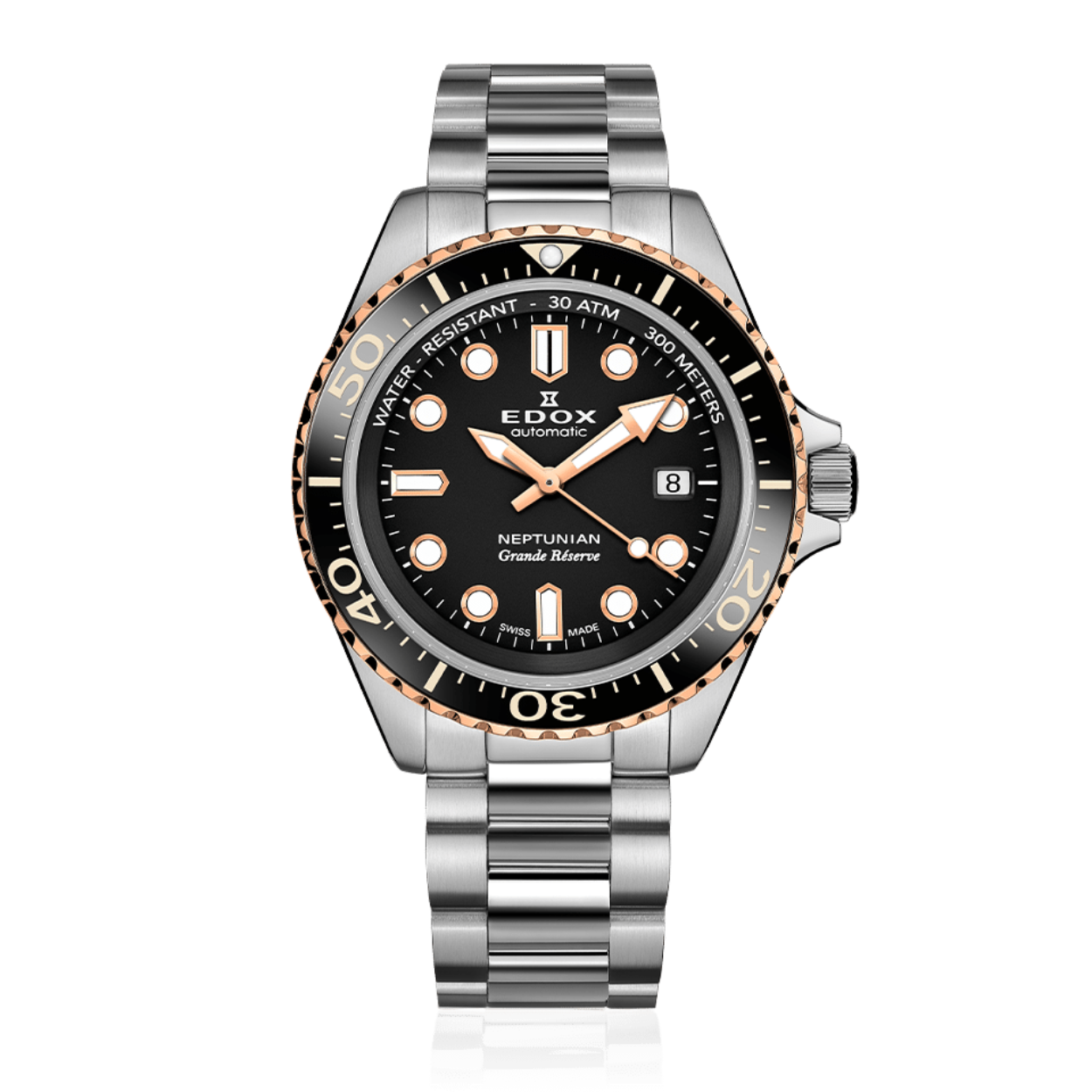 50 jaar geleden lanceerde de Zwitserse horlogemaker EDOX de legendarische SkyDiver, een robuust sportuurwerk dat speciaal voor een militaire elitegroep is gemaakt. De afgelopen jaren heeft de SkyDiver-collectie een transformatie ondergaan en is de Neptunian-collectie ontstaan: een reeks extreem robuuste duikhorloges. De nieuwe Neptunian Grande Réserve-modellen tillen deze recente collectie naar een geheel nieuw niveau.
In het hart van de Neptuniaanse Grande Réserve ligt het nieuwe kaliber 808, met een royale gangreserve van 68 uur (réserve de marche in het Frans). Met deze nieuwe functie kunnen dragers het horloge een weekend aan de kant laten liggen zonder dat ze de tijd op de eerste dag van de week opnieuw hoeven in te stellen.

Naast deze verbetering bieden deze nieuwe modellen ook een iets kleinere kast (42 mm), terwijl ze toch sterk en comfortabel om de pols blijven zitten.
De nieuwe Neptunian Grande Réserve-modellen zijn gesmeed uit hetzelfde DNA als de originele robuuste Neptunian en beschikken ook over een krasbestendige keramische lunette en saffierglas, waardoor de wijzerplaat jarenlang zijn onberispelijke uiterlijk behoudt. De Neptunian Grande Réserve is waterbestendig tot 300 m/30 ATM, een geschroefde kroon en Super-LumiNova x1 die de wijzers en indexen bedekt, en is ontworpen om zowel in als uit het water uit te blinken.