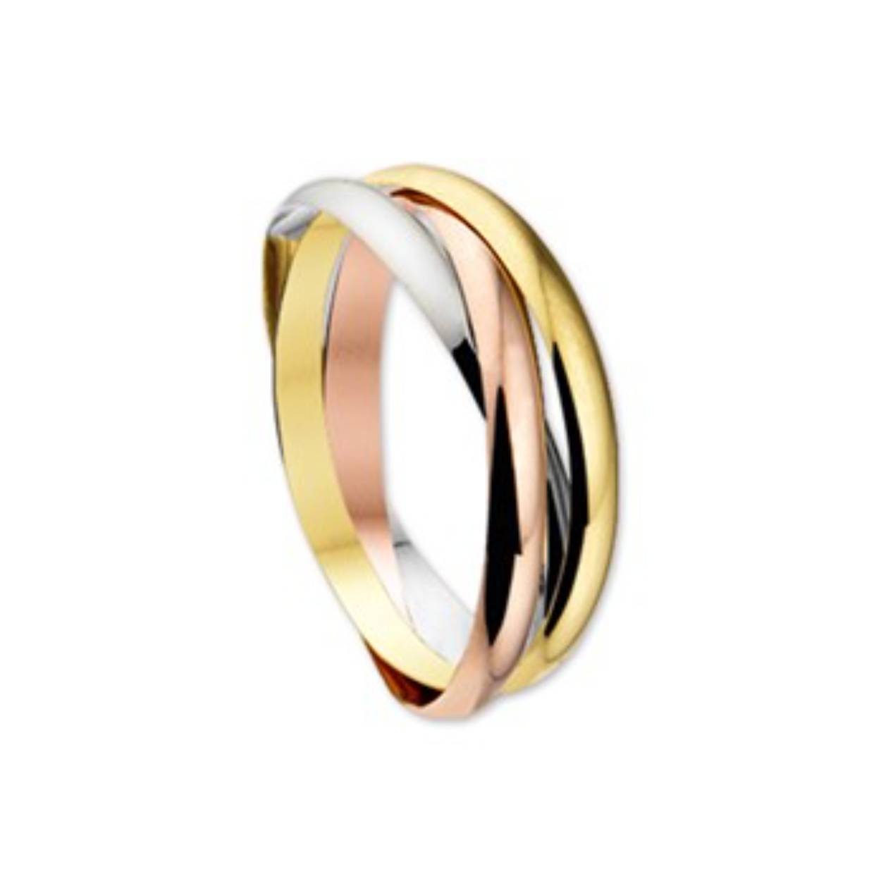Tricolor wit- rose- en geelgouden ring bestaande uit 3 in elkaar geplaatste losse ringen.