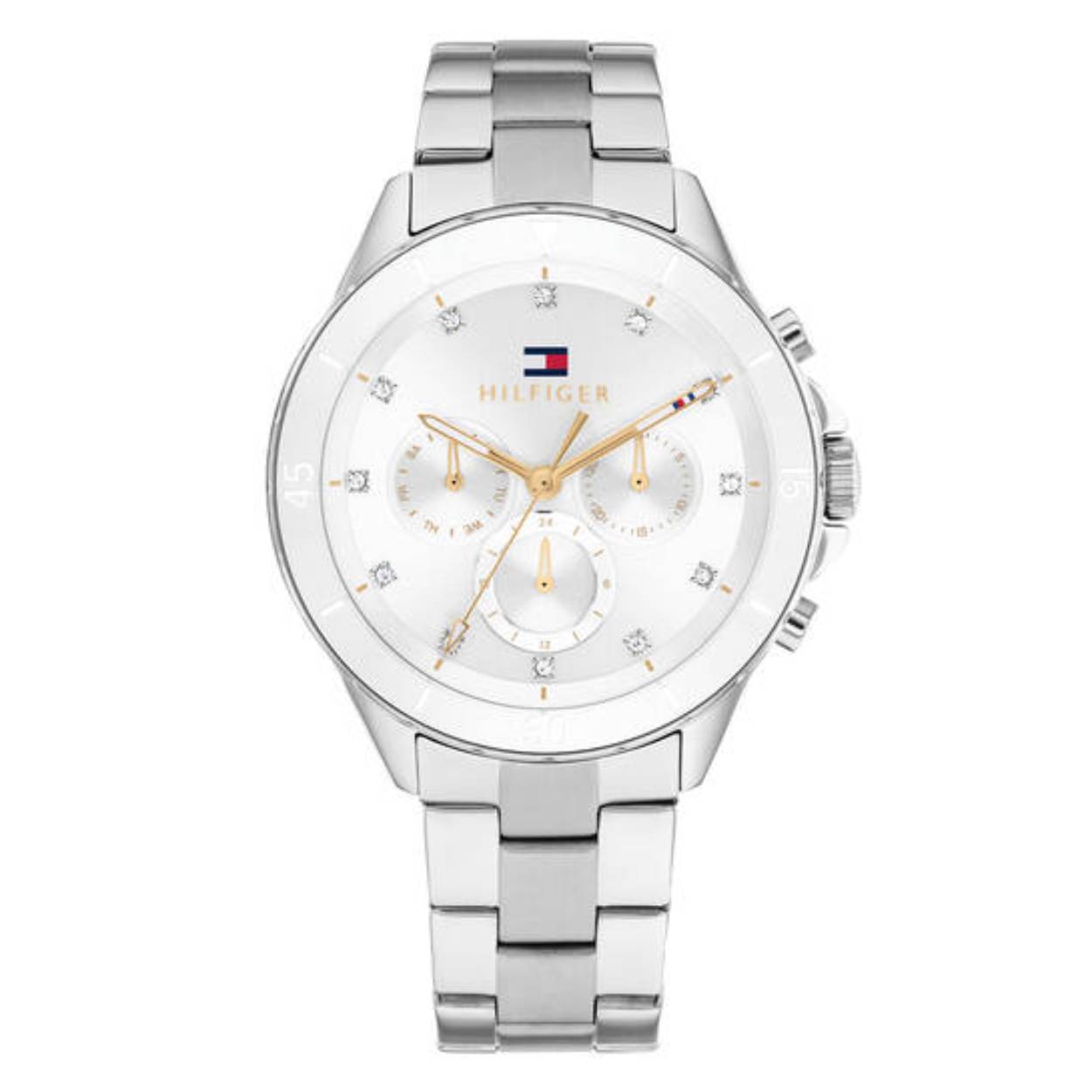 Dit Tommy Hilfiger horloge behoort tot de Mellie collectie.
Referentienummer: TH1782707 

Dit horloge van Tommy Hilfiger is een luxe sportief dameshorloge die niet in je collectie mag ontbreken. Het stalen dameshorloge heeft een ronde zilverkleurige kast met een witte ceramic bezel en een witte sunray wijzerplaat met dag, - datum,- en 24-uursaanduiding. De uren worden weergegeven met kristallen. De zilverkleurige schakelband is op lengte verstelbaar en heeft een vouwsluiting. Het horloge heeft een mineraalglas, een doorsnee van 40mm en is 5ATM.  
