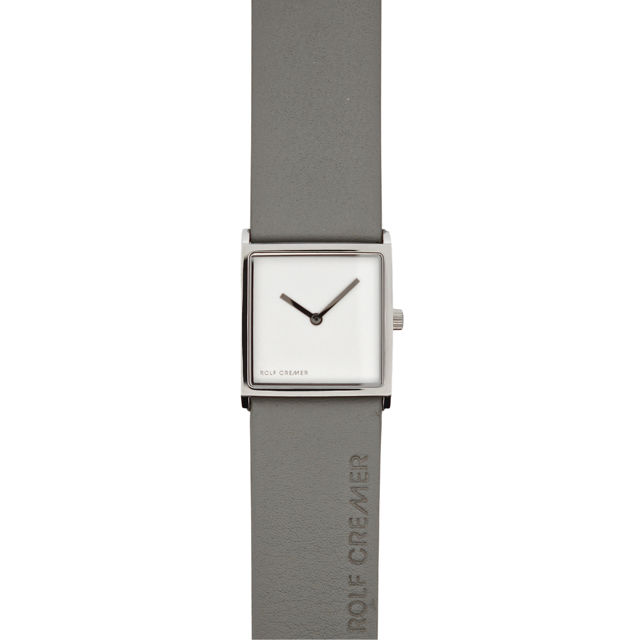 Vierkant zilverkleurig horloge met  blinde wijzerplaat en grijs leren band.