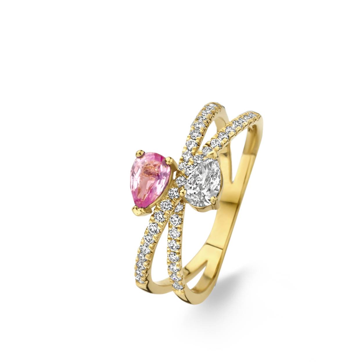 Naiomy ring goud 18k, 40 briljanten, 1 diamant peervormig, 1 roze saffier