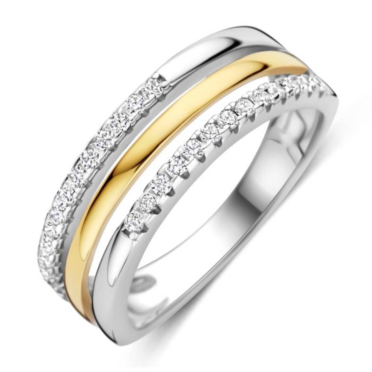 De ring is vervaardigd uit zilver met deels een plaque laagje . de ring is gezet met zirkoniums.