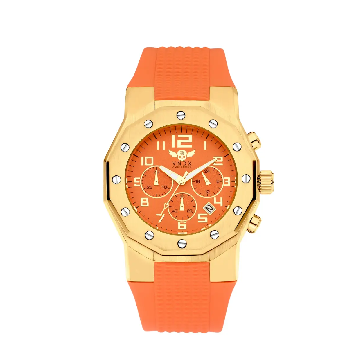 Een stoer horloge voor hem en haar, uitgevoerd met een mat geborstelde goudkleurige stalen kast, gecombineerd met de flexibele en comfortabele oranje siliconen band.

Voorzien van een multifunctionele chronograaf en datumaanduiding, 

Ibiza Rebel; een uniek en stoer horloge voor jezelf, of om cadeau te doen. 

VNDX Amsterdam. Never too late!