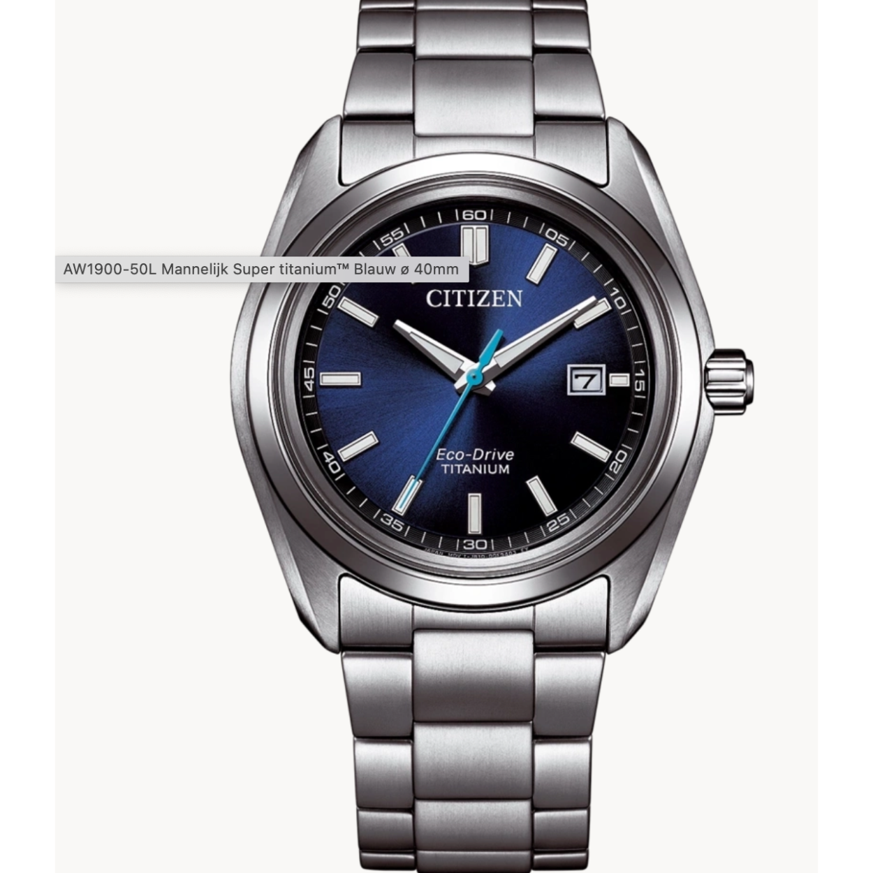 Super titanium citizen heren horloge eco drive uit de Hau serie. 5 atm waterdicht blauwe wijzerplaat. Datum functie.
