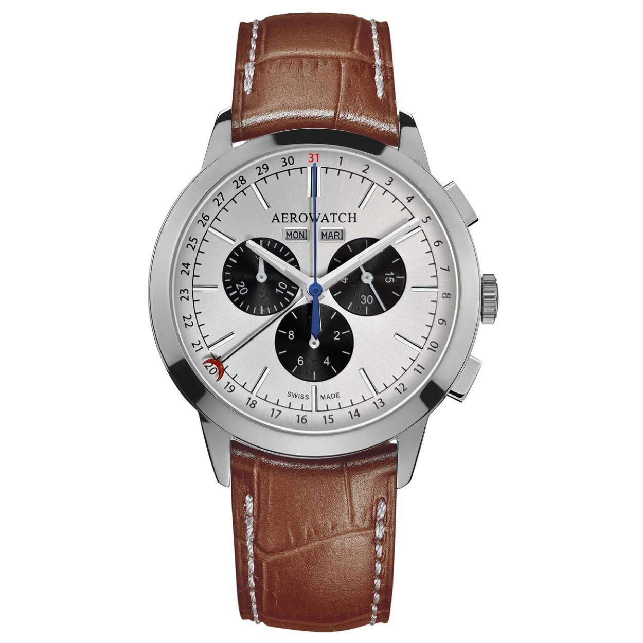 Aerowatch Horloge met Zwitsers Quartz uurwerk Chronograaf met een mooie cognac kleurige ledere band