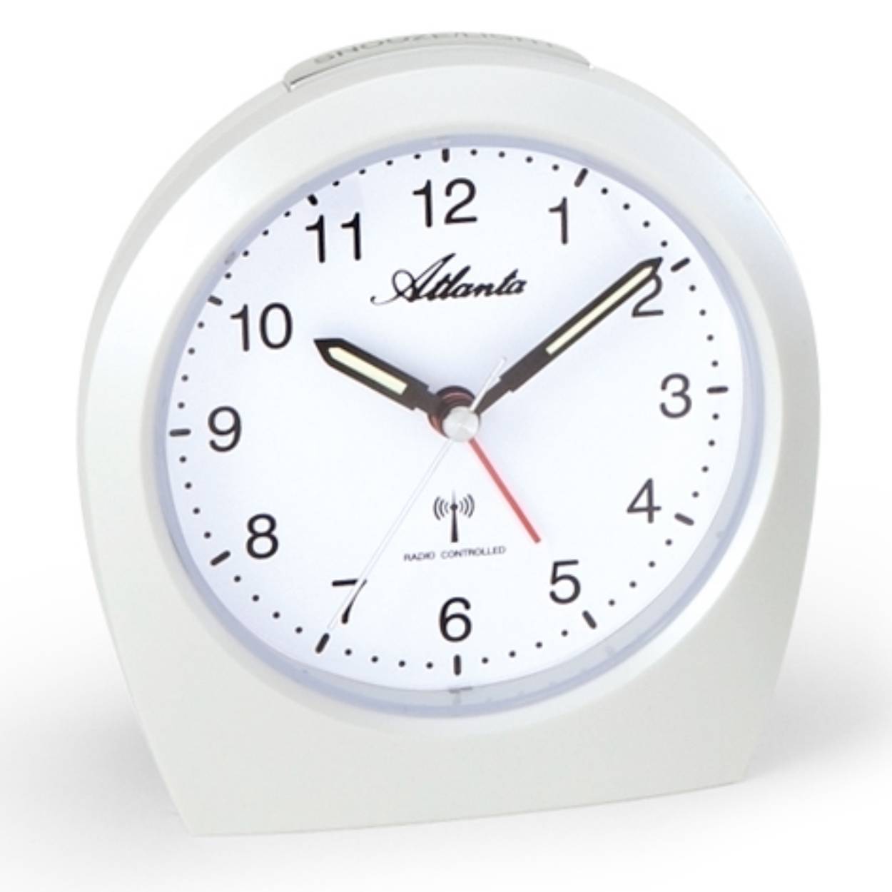 Radio-controlled. Snooze-alarm met repeteerfunctie.
Verlichte wijzerplaat.