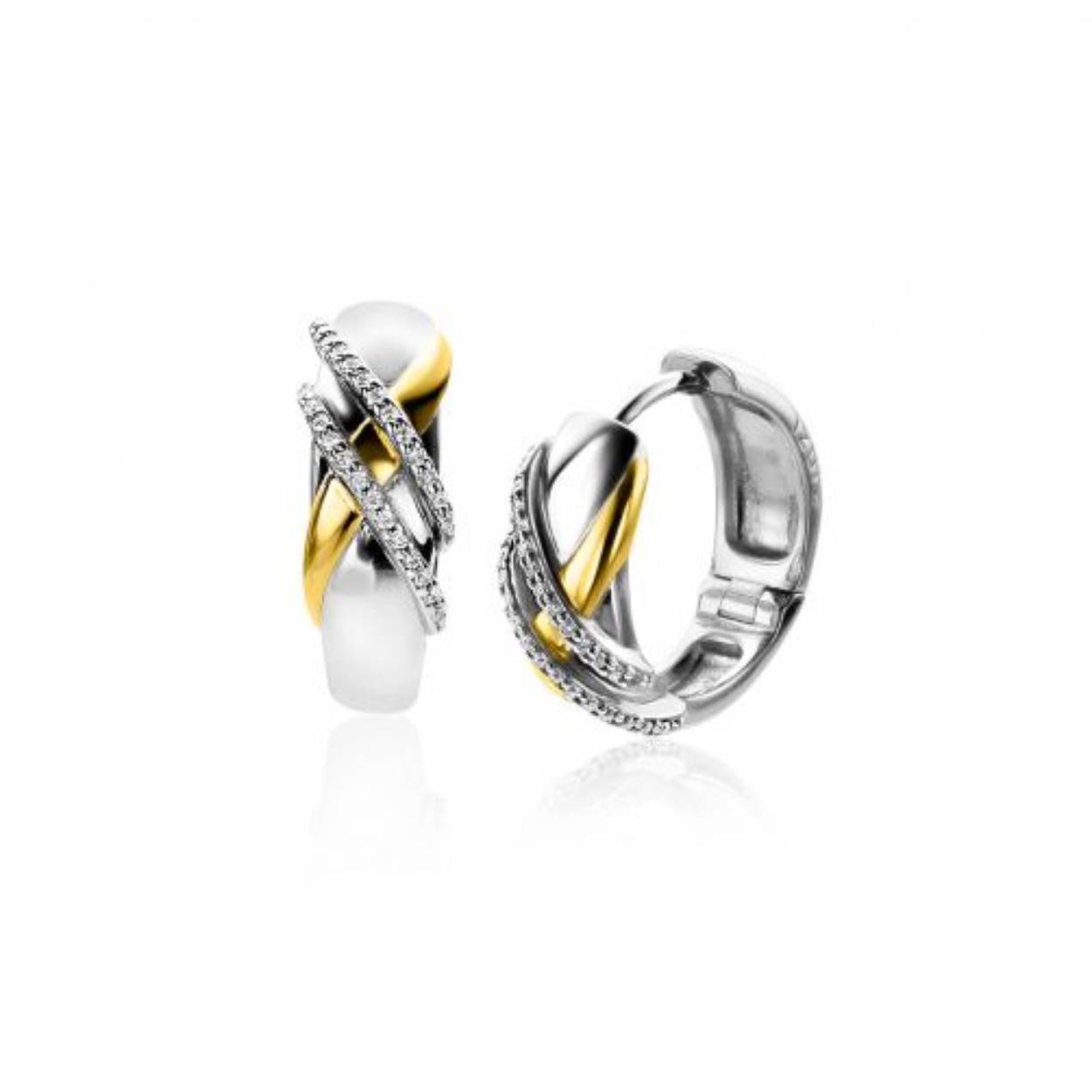 ZINZI zilveren luxe oorringen cross-over bicolor met witte zirconia's 16x6mm