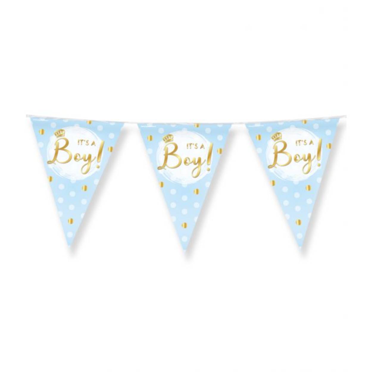 De vlaggenlijn It's a boy! is de ideale versiering als er een jongetje geboren is! Door de gebruikte kleuren en het vrolijke design vallen deze party vlaggen dan ook extra goed op! De vlaggetjes zijn gemaakt van folie en zijn aan beide zijden bedrukt. Ze hebben een lengte van 10 meter