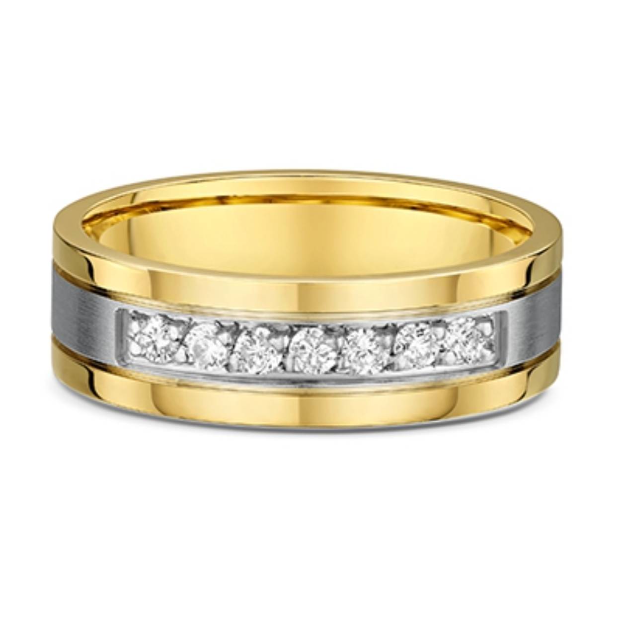 14karaat bicolor gouden trouwringen. De dames ring is bezet met 7 briljanten van totaal 0.21ct. Beide ringen zijn 6mm breed.