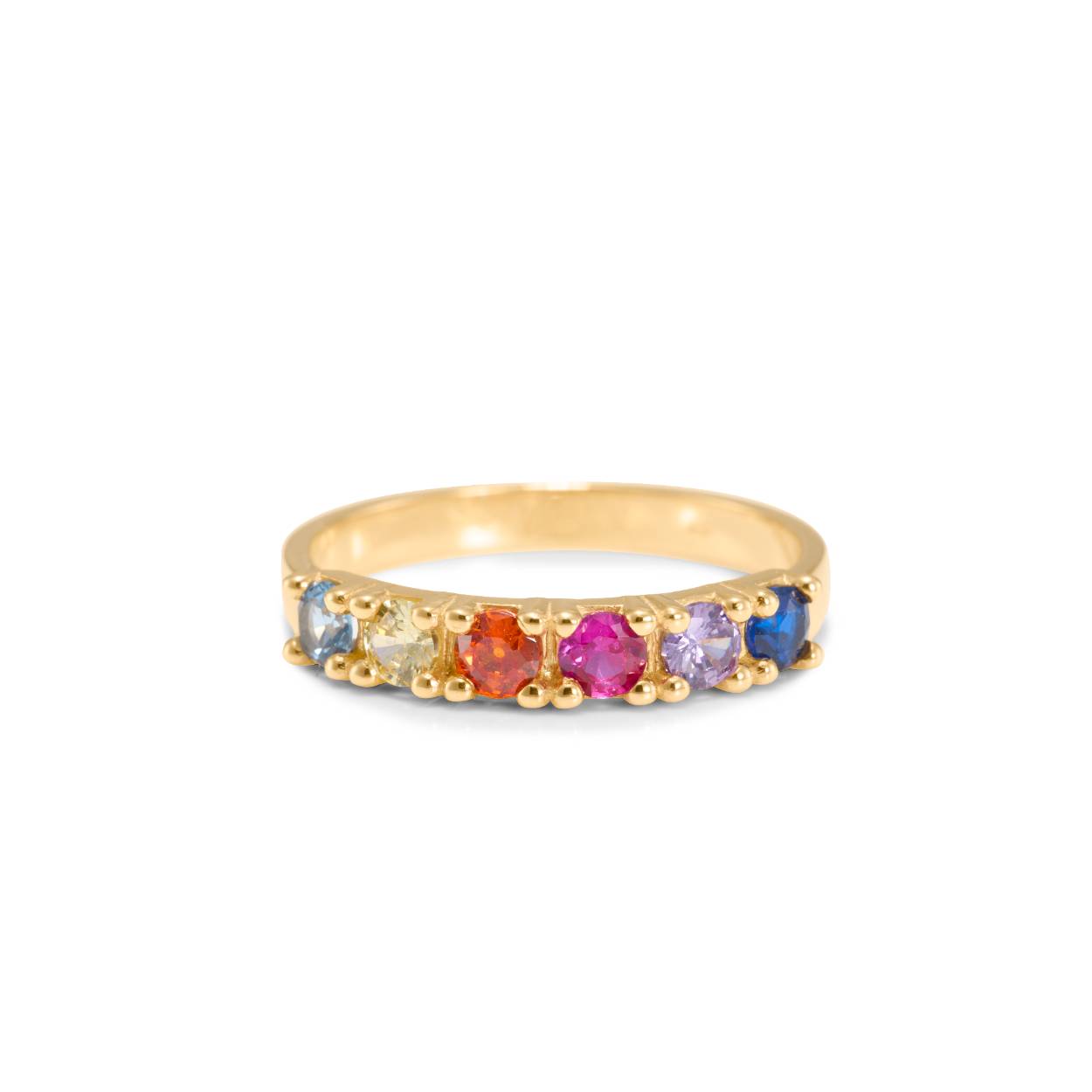 14 karaats geelgouden ring met meerdere multi coloured zirkonia's
De ring is vergrijgbaar in diverse maten.