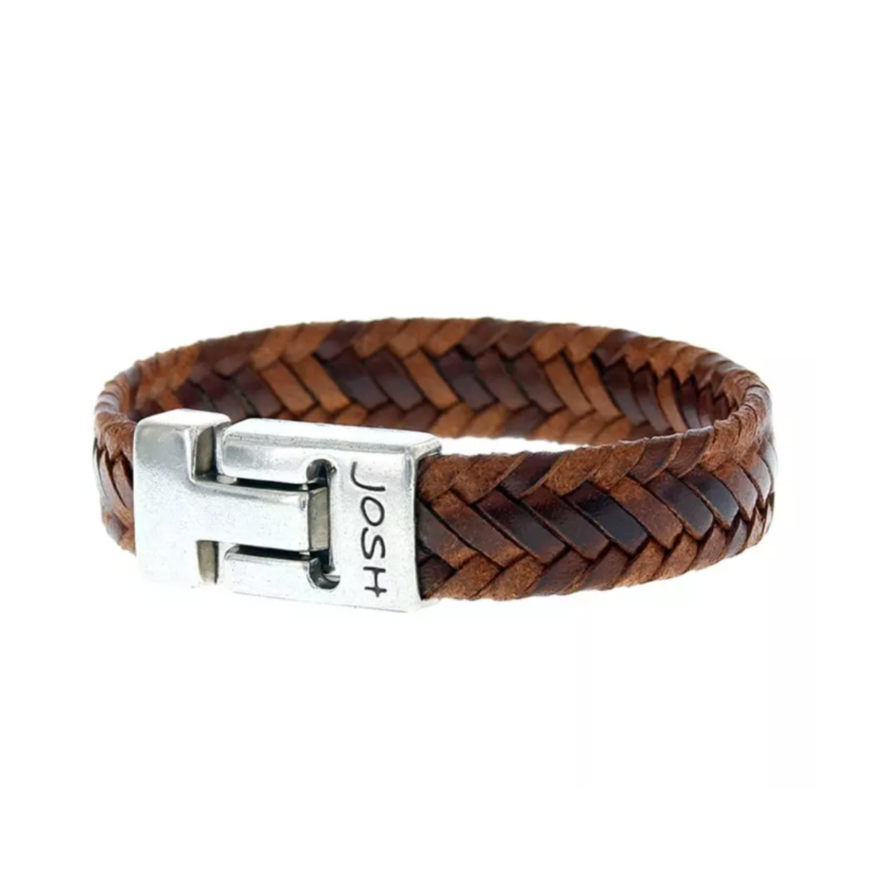 Josh armband leder verzilverd gevlochten 24825-BRA-S-COGNAC-L-1