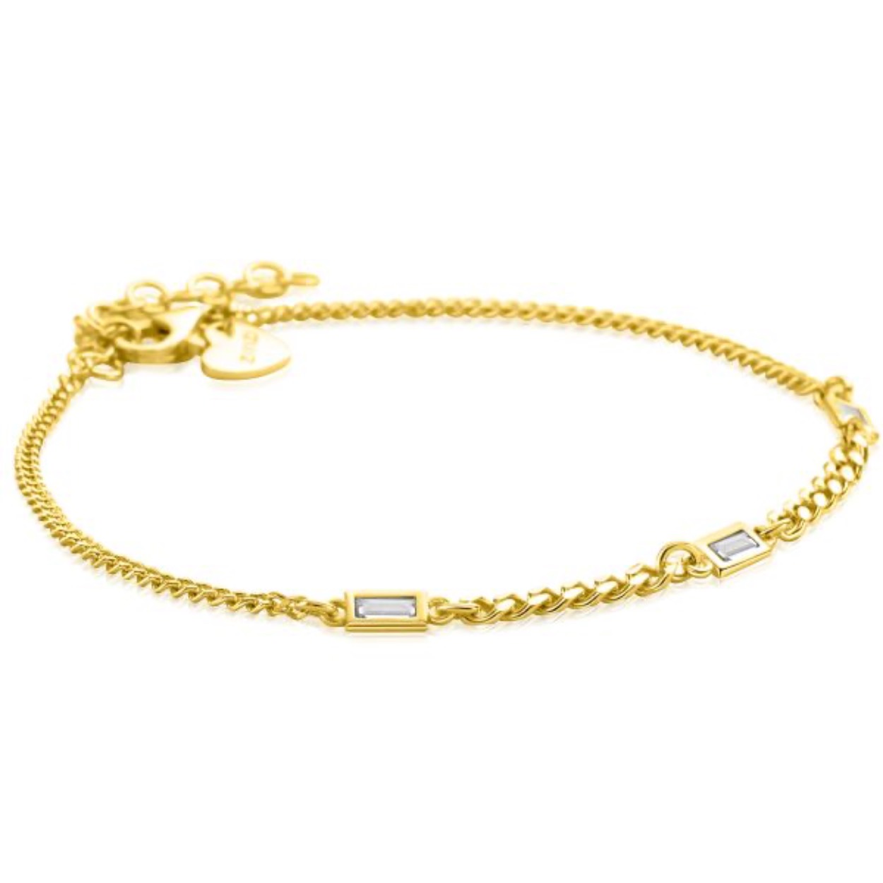 ZINZI gold plated zilveren armband met gourmet schakels in verschillende breedtes en gecombineerd met drie rechthoekige baguette geslepen zirconia's. De lengte is te variëren tussen 17 en 20cm. Vervaardigd van eerste gehalte zilver (925) en extra geelverguld.