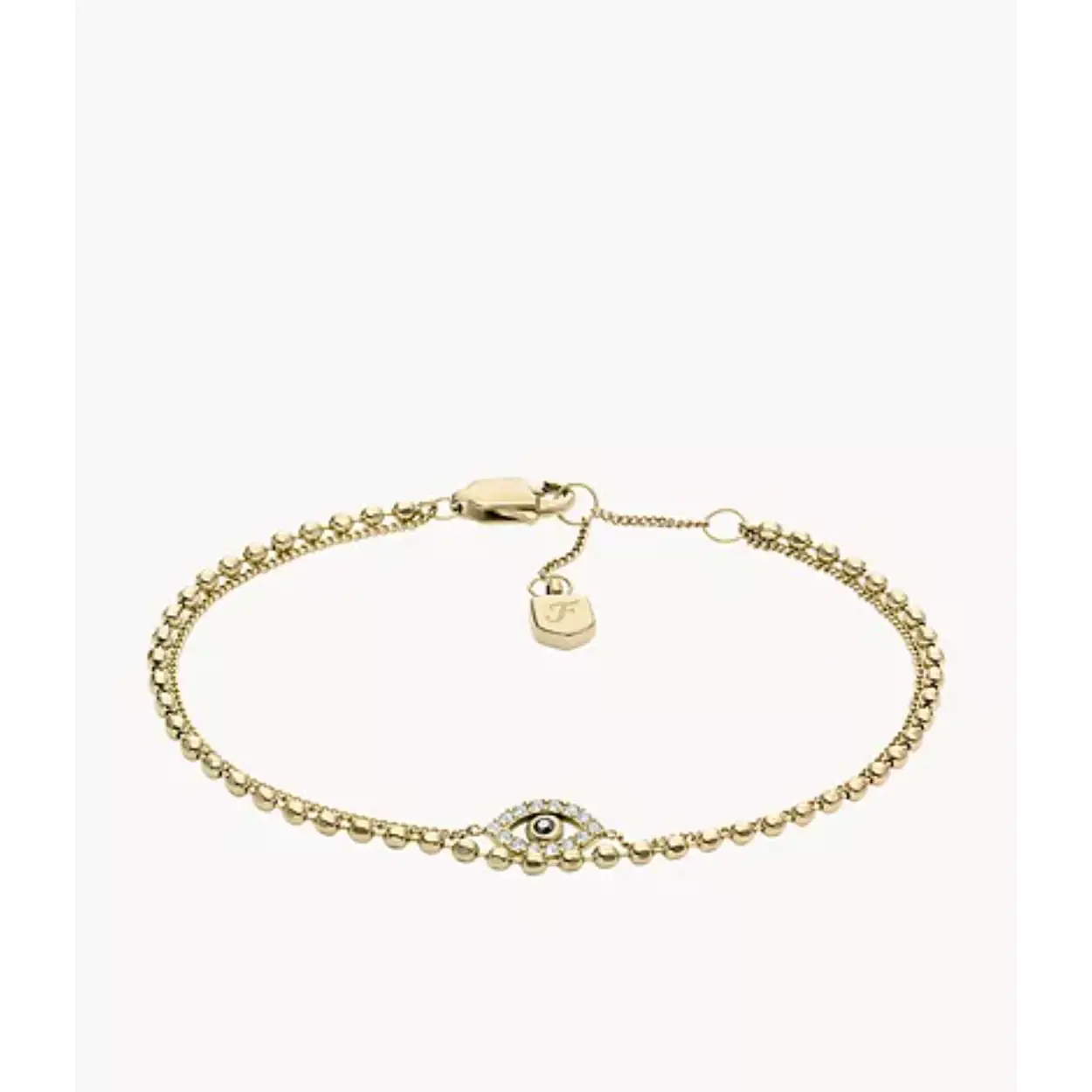 De Evil Eye-collectie bestaat uit dit sieraad in de stijl van een dubbele armband, gemaakt van verguld roestvrij staal en met subtiele kristalaccenten. Zo straal je positieve energie uit.