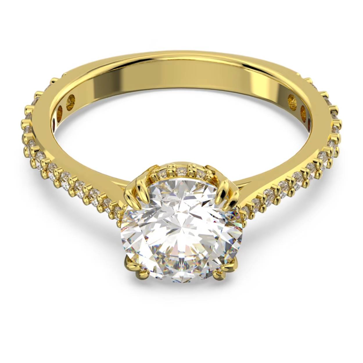 Deze schitterende cocktailring bewijst dat eenvoud krachtig kan zijn en mag niet in uw collectie ontbreken. De vakkundig vervaardigde steen met princess-slijpvorm in het midden is voorzien van elegant pavé op de rijen en langs de band met goudkleurige toplaag. Draag afzonderlijk en laat uw look stralen.