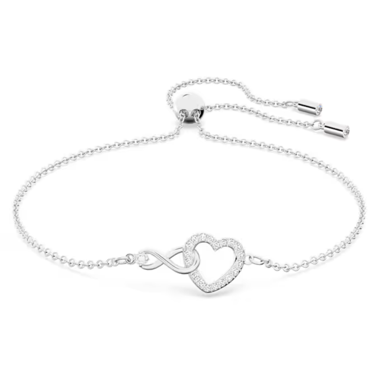 Deze rodium-vergulde armband van Swarovski is een uitdrukking van eeuwige liefde. Hij bevat een in elkaar verweven hart en een oneindigheidssymbool. Een enkel, helder kristal siert het oneindigheidssymbool en voegt een briljant detail toe aan het design. Deze Swarovski-armband is het perfecte cadeau voor een belangrijke vrouw in je leven.
