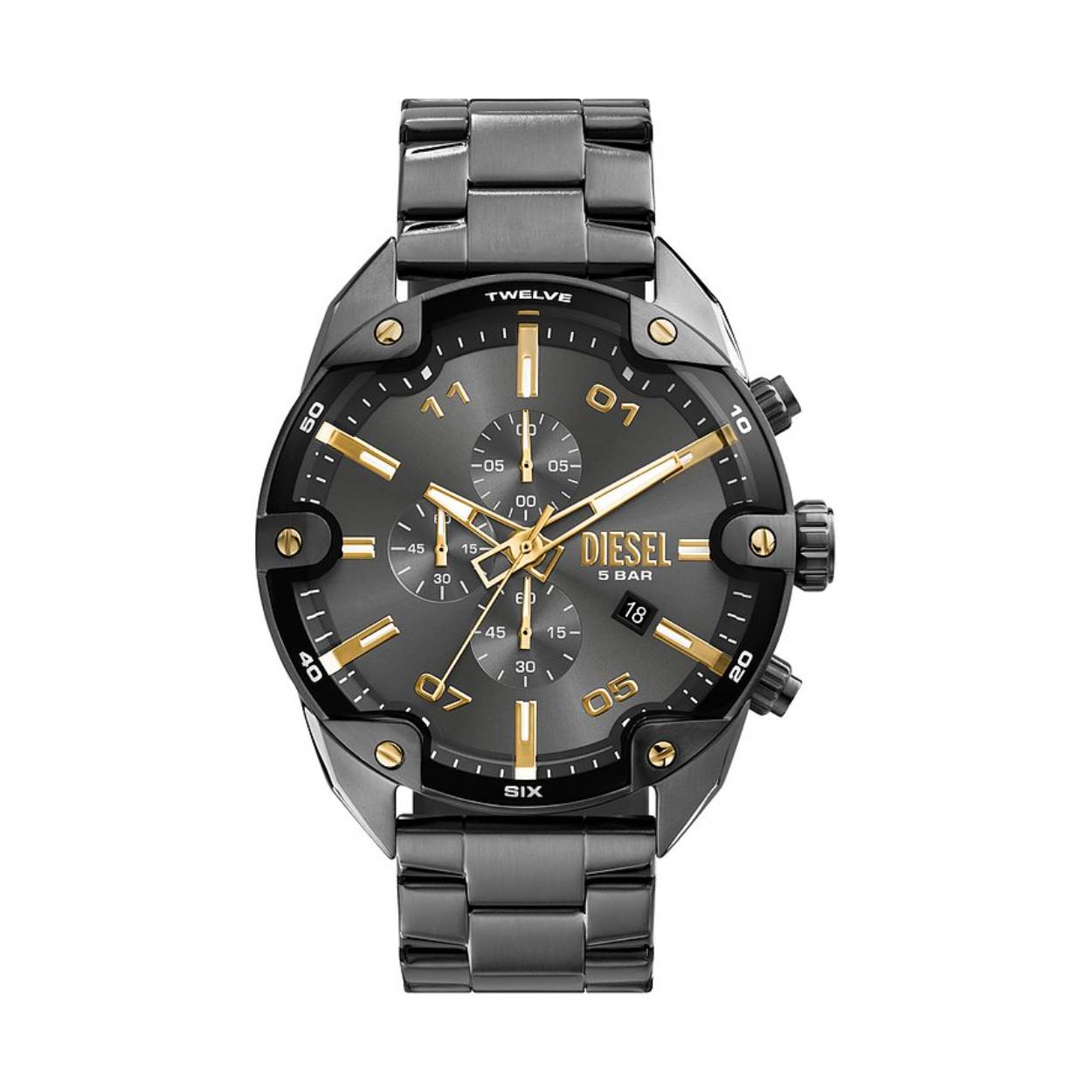 Gunmetal grijs chronograaf Diesel herenhorloge. De horlogekast en band zijn beide gemaakt van roestvrijstaal. De grijze wijzerplaat is voorzien van goudkleurige wijzers

