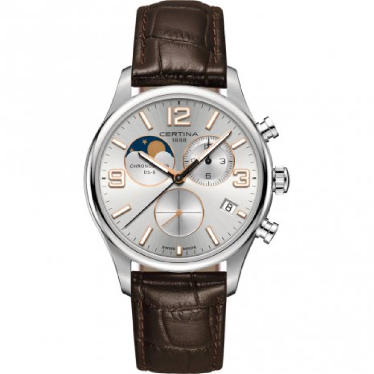 Precidrive Quartz  Ds-8

Waterdicht	10 Bar (Zwemmen)

Kleur wijzerplaat Zilver

Diameter	42 mm

Dikte kast	11.8 mm

Geschroefde achterdeksel

Soort Glas Saffier

Kroon Trekkroon

Uurwerk ETA G10.962

Batterijduur	38 Maanden

Band materiaal	Leer

Type sluiting	Gesp

Totale bandbreedte op breedste punt	21.0 mm

Bandbreedte gemeten tussen de kastpoten	21.0 mm

Bandbreedte bij gesp	18 mm

Kleur Band	Bruin

Rechte bandaanzet	Ja
