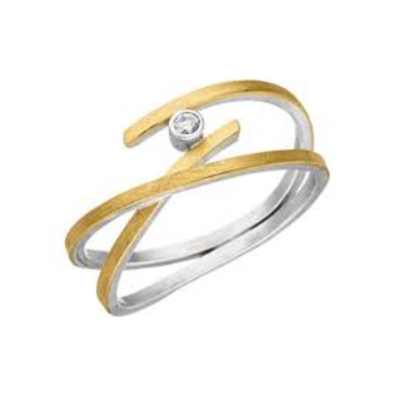 Een prachtige Design ring van het merk MANU. Deze is gemaakt van zilver met een 22krt plaat goud erop gesoldeerd. De ring is voorzien van een 0,03 crt briljant