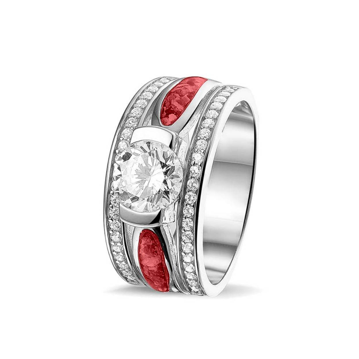 Zilveren ring met zirkonia. De ring wordt zichtbaar aan de voorkant gevuld met as, haar of moedermelk die wordt vermengd met onze speciale hars in de gewenste kleur. Er zijn 2 aparte compartimentjes.
Breedte van de ring: 10 mm.

Ook verkrijgbaar in geel-, wit- of roségoud (meerprijs) met zirkonia of diamant (meerprijs).

Geschikt voor as, moedermelk of haar.
Graveren is mogelijk.

Zie ook onze informatie onder het kopje "sieraden" en dan doorklikken naar "gedenksieraden".
