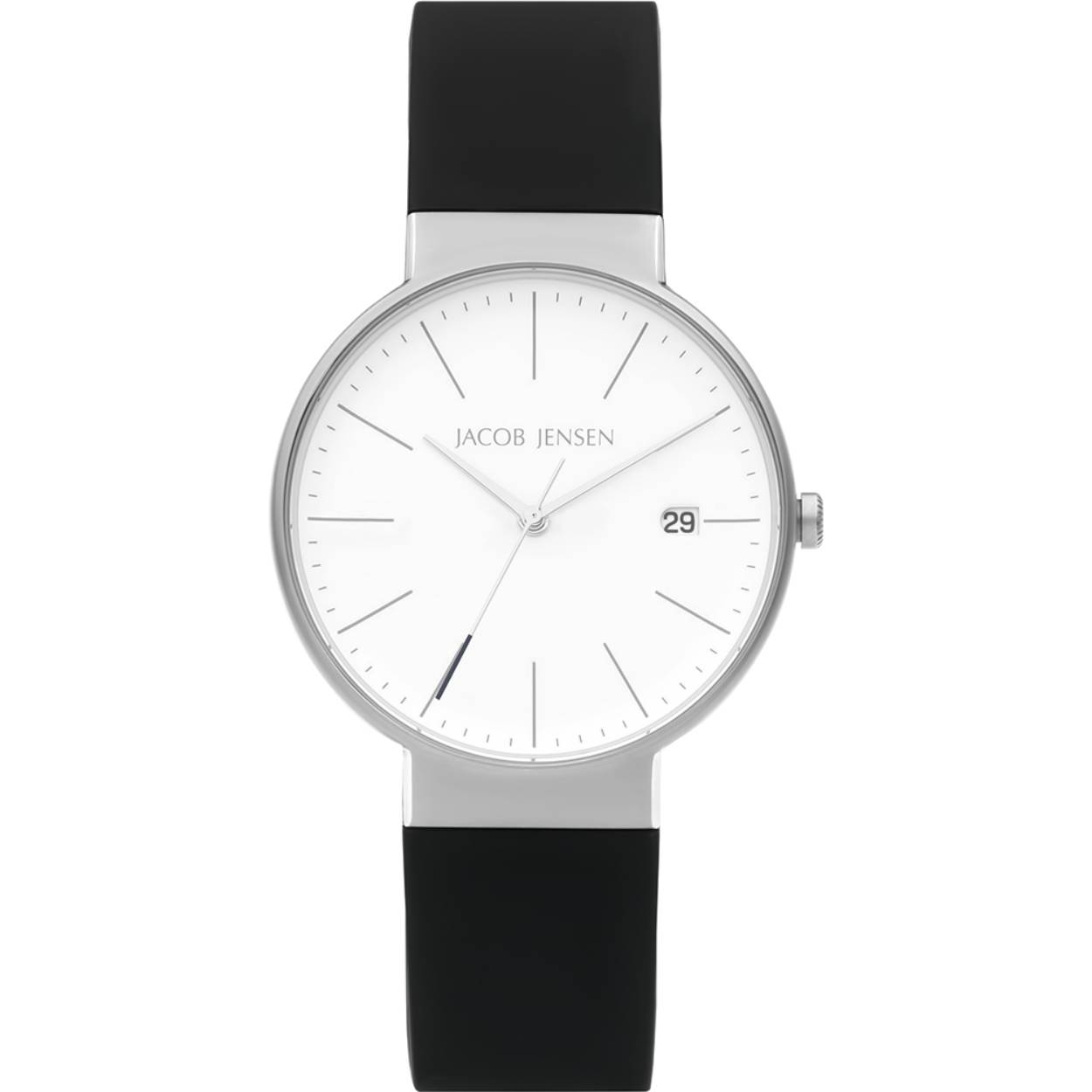 Jacob Jensen horloge, Timeless Nordic zilver/zwart rubber
met saffierglas en waterdicht tot 50 M