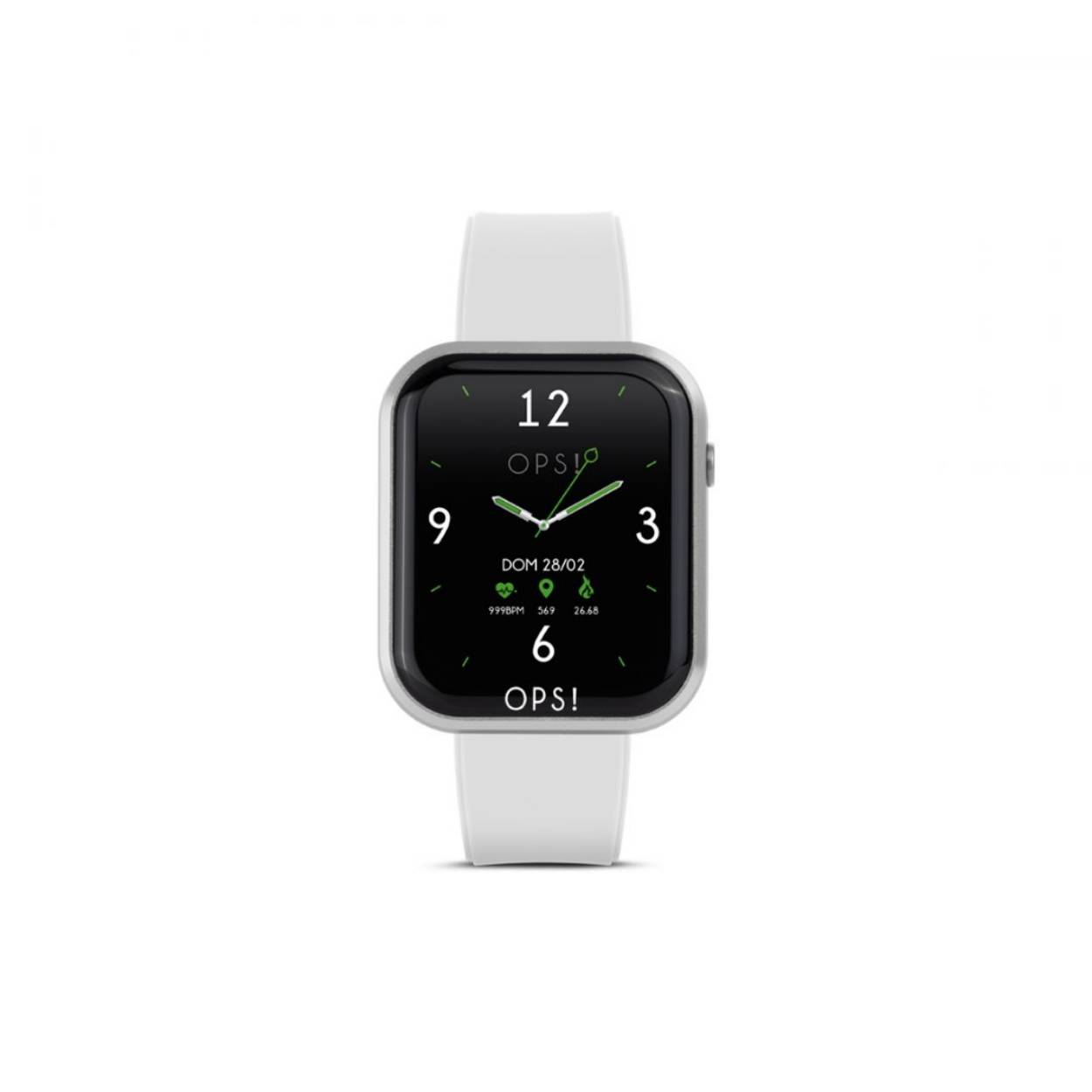 SMARTWATCH WITH ALUMINUM AND ABS CASE AND SILICONE STRAP. CASE DIMENSIONS 44X37X13 MM WITH 1.83” COLOR FULL TOUCH DISPLAY.