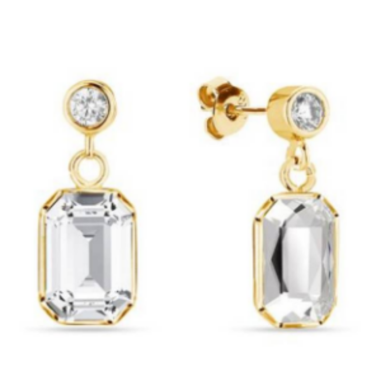 Goudkleur oorbellen met Swarovski kristallen. Deze oorbellen zijn van de 'Royal' serie en zijn gezet met heldere kristallen.  De oorbellen zijn gemaakt van echt zilver, en voorzien van een goud coating.
De lengte van de oorbellen is: 1.5 cm.