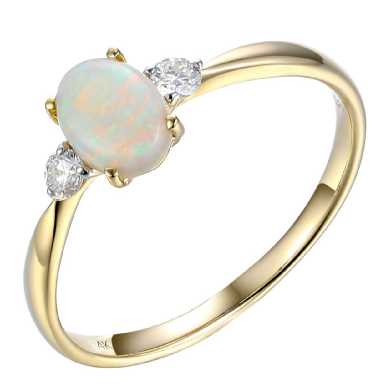 14k gouden diamanten ring met een echte opaal steen van 0.40 caraat. 2 briljanten van 0.11 caraat 