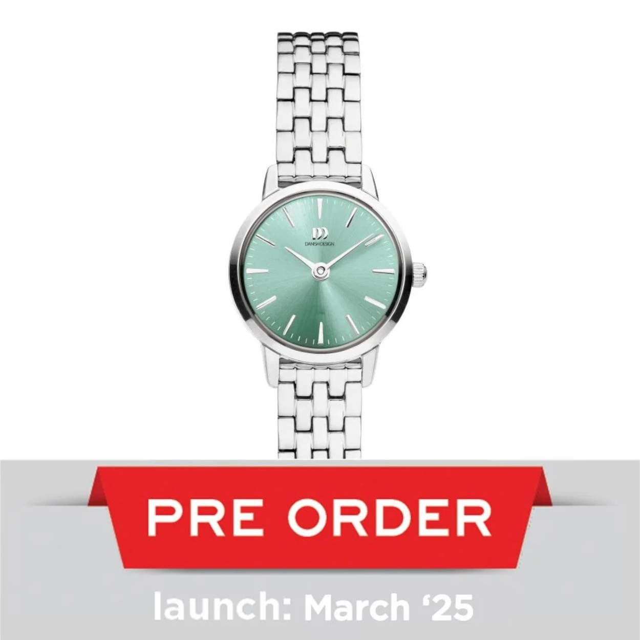 Dames horloge van Danish design. Edelstaal zilverkleur met een groene wijzerplaat. 