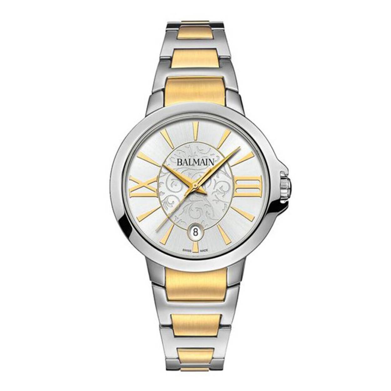Balmain Tilia B45713912 Dit mooie horloge van Balmain is een horloge met een Quartz uurwerk. Het horloge heeft een diameter van 34 mm, en is 7 mm dik. De weergave van de tijd is Analoog. Verder is het horloge voorzien van een Saffier horlogeglas. Het horloge is 3 bar (spatwaterdicht) waterdicht, en heeft een band van Roestvrij Staal in de kleur Bicolour. Wij leveren het horloge met 2 jaar garantie. 