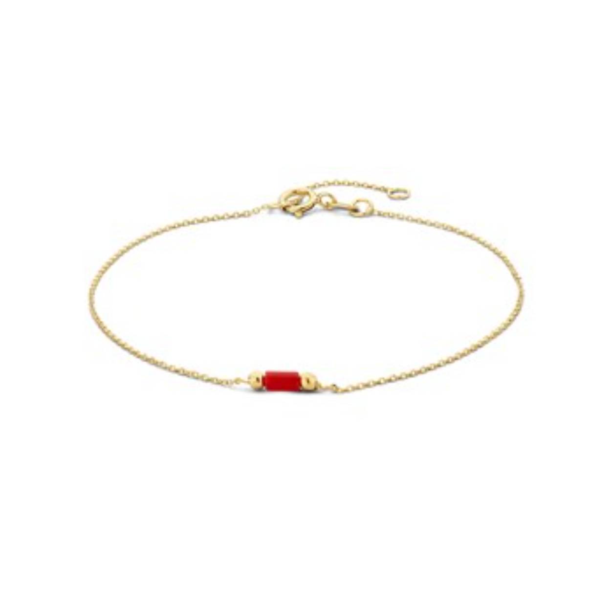 14k Geelgouden armband uitgevoerd met koraal. De armband heeft een breedte van 2.3mm en draaglengtes van 16 en 18cm. De schakelbreedte is 0.7mm.