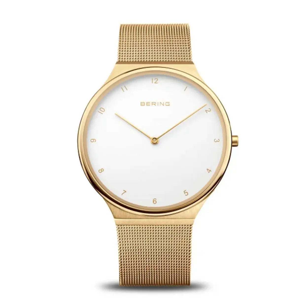 Bering heren horloge, goudkleurige milanese band, goudkleurige kast, witte wijzerplaat