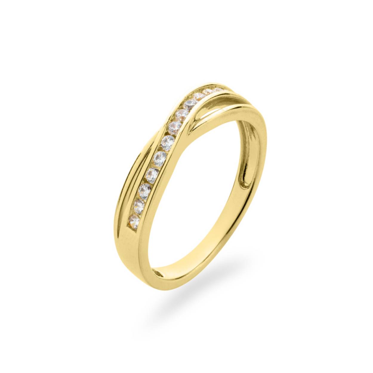 14 karaats gouden ring met zirkonia's , cross over model, maat 54 en verkrijgbaar in diverse andere maten.